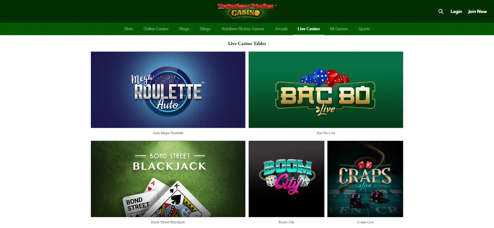 Current Rainbow Riches live casino lobby showing live tables and game-show titles
