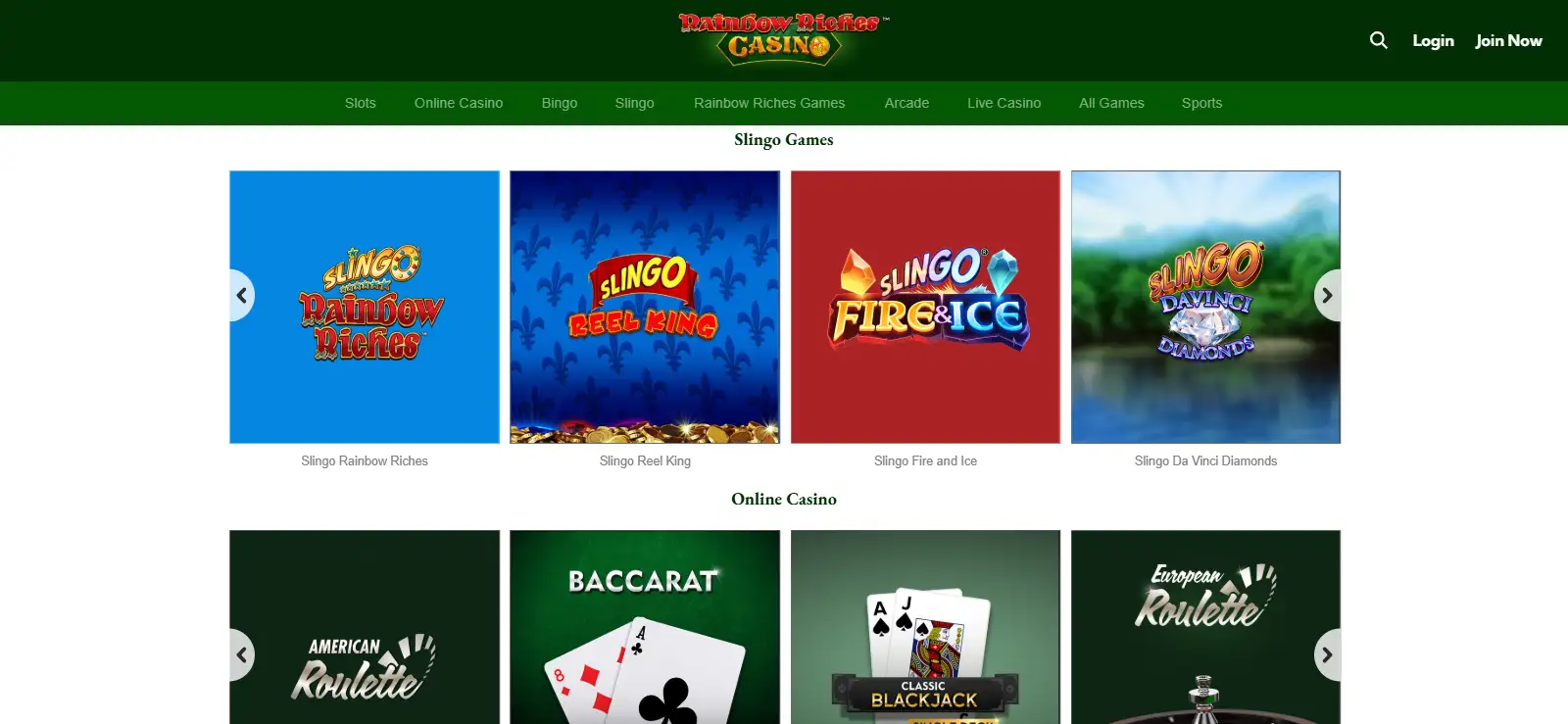 Current Rainbow Riches Casino Slingo and bingo navigation with Slingo Rainbow Riches visible