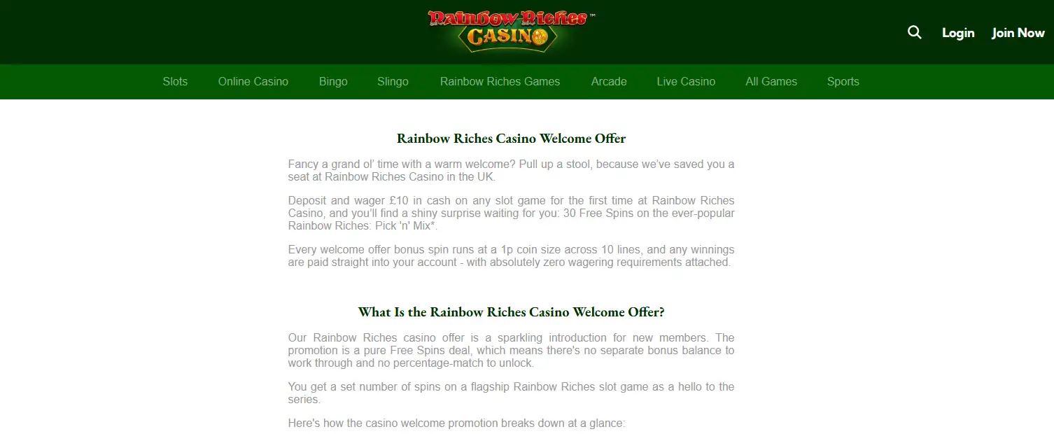 Rainbow Riches Casino welcome bonus page showing the current 30 free spins offer