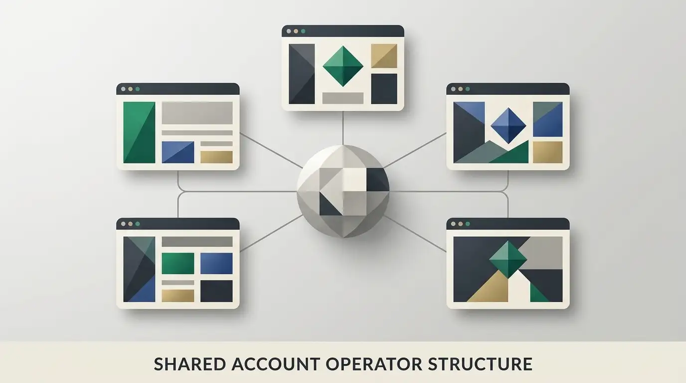Editorial diagram showing one operator account connected to five casino-domain nodes