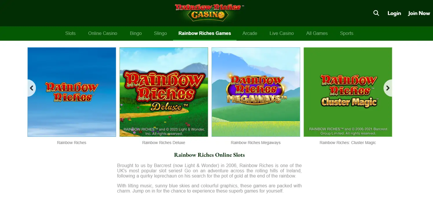 Rainbow Riches branded slot collection with current titles visible in the casino lobby