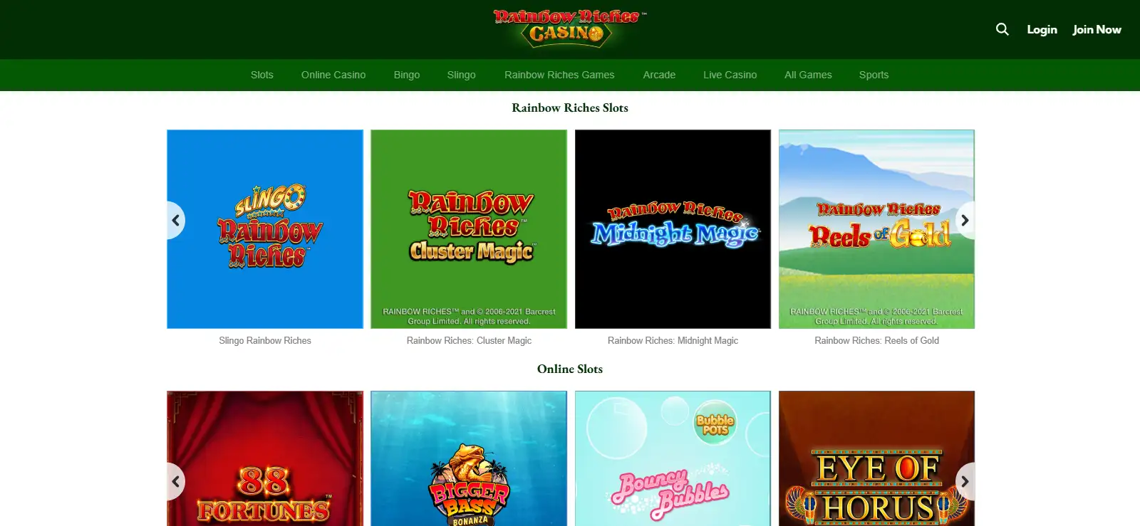 Rainbow Riches Casino games navigation showing slots, live casino, bingo and Slingo categories