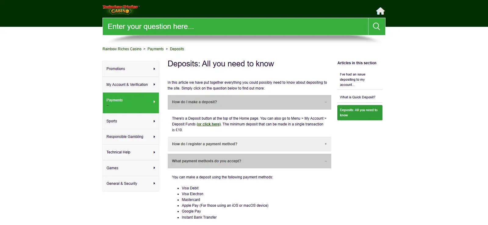 Rainbow Riches deposit Help Centre showing current payment methods and the £10 minimum deposit