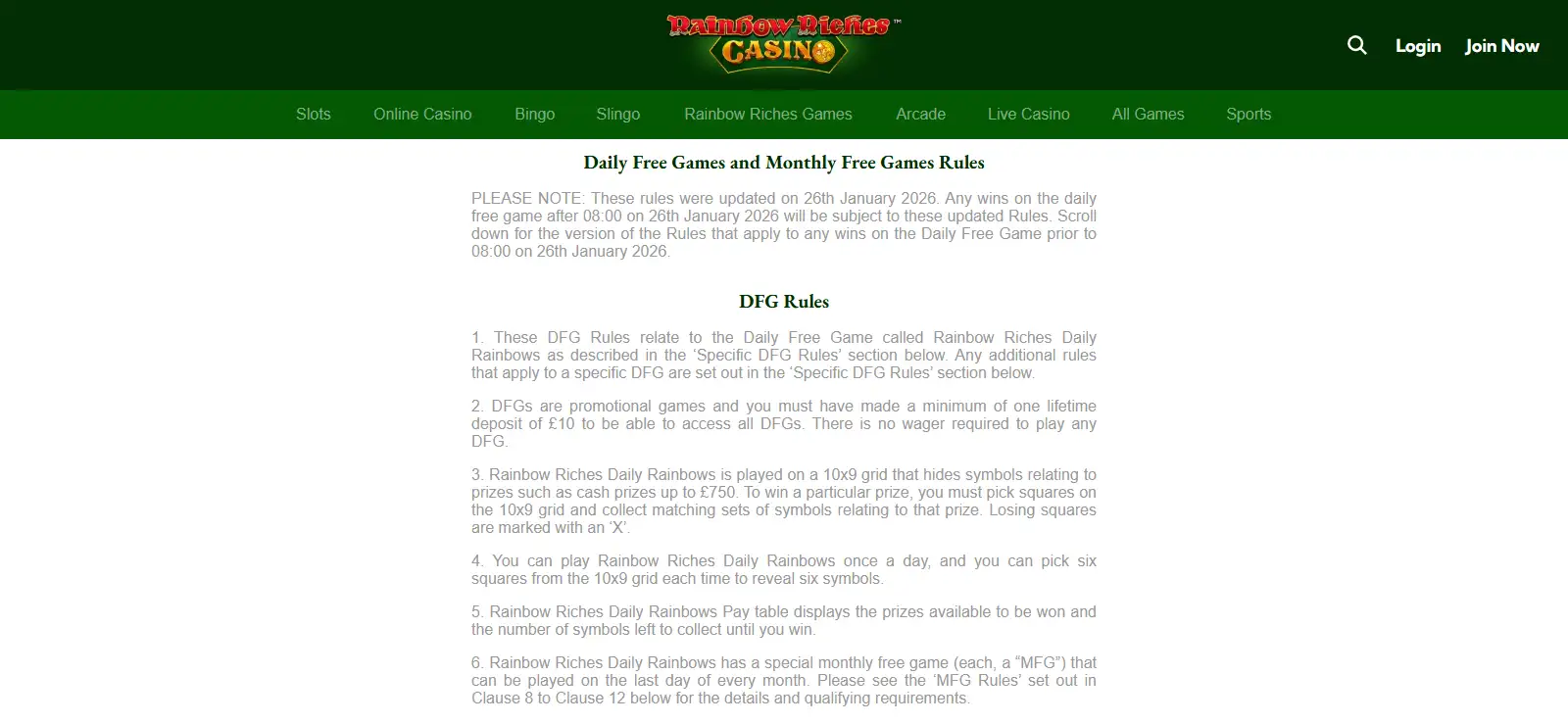 Rainbow Riches Daily Free Games rules page for Daily Rainbows