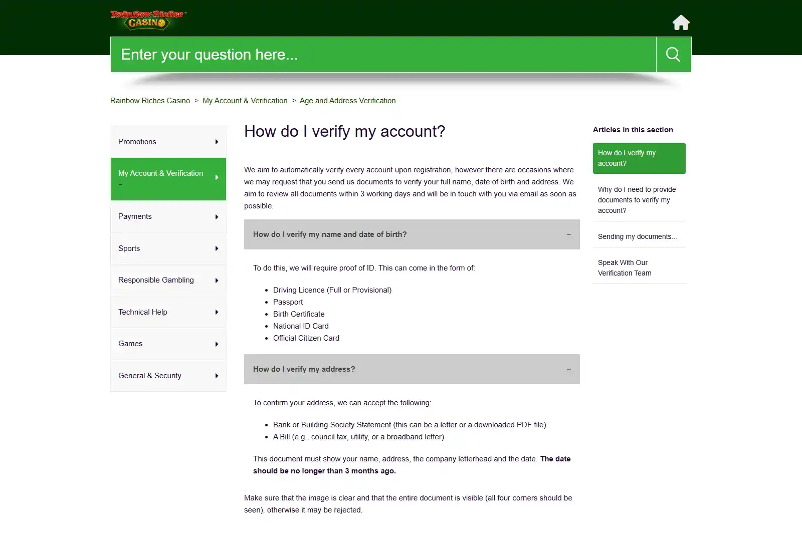 the official Rainbow Riches verification Help Centre article