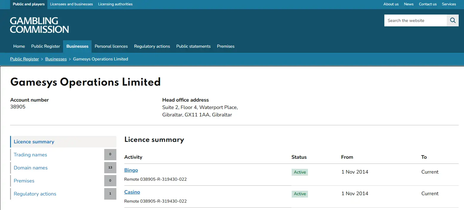 Gambling Commission licence entry for Gamesys Operations Limited