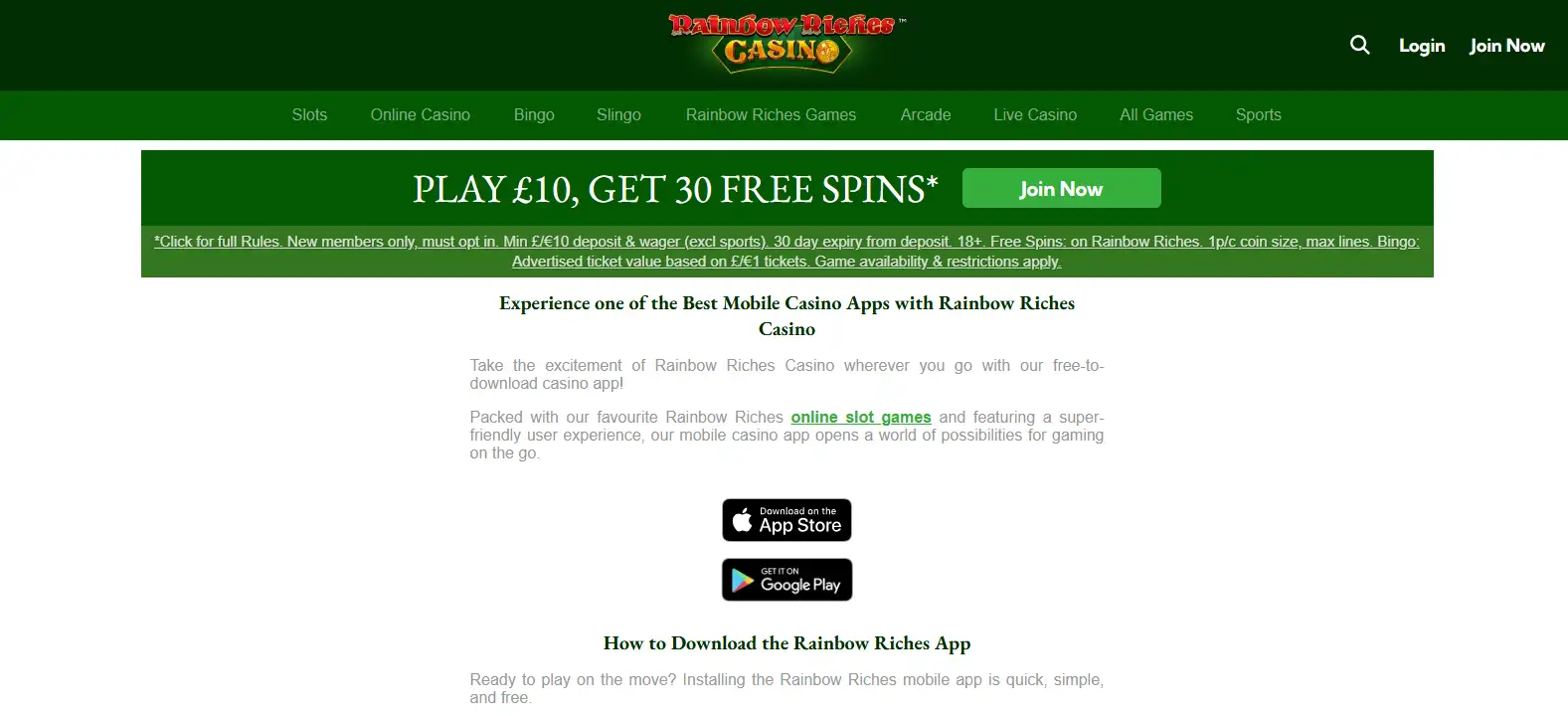 Official Rainbow Riches mobile app page showing App Store and Google Play download routes