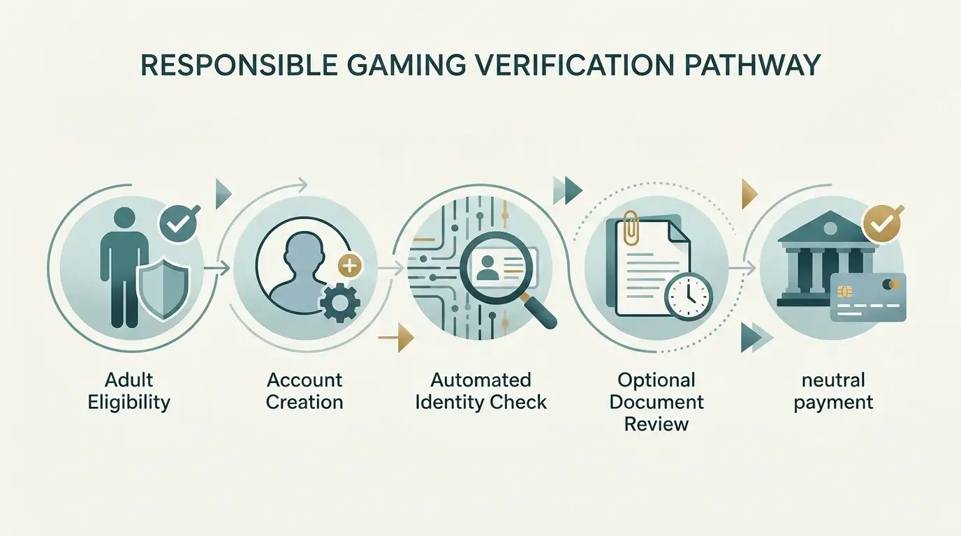 Editorial illustration of the Rainbow Riches registration journey from eligibility through account checks to first deposit