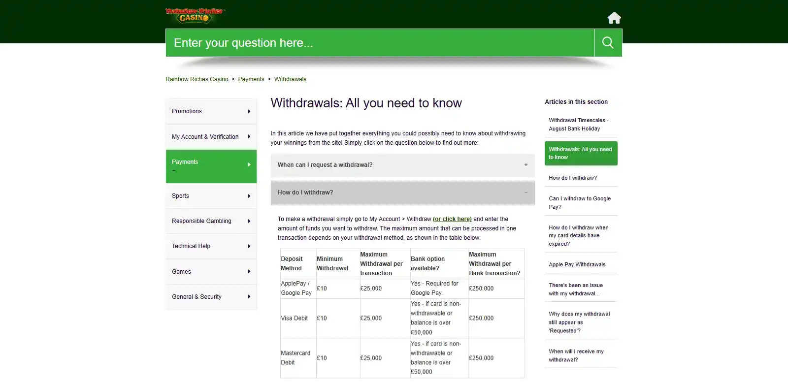 Rainbow Riches withdrawal Help Centre showing current withdrawal limits and processing times
