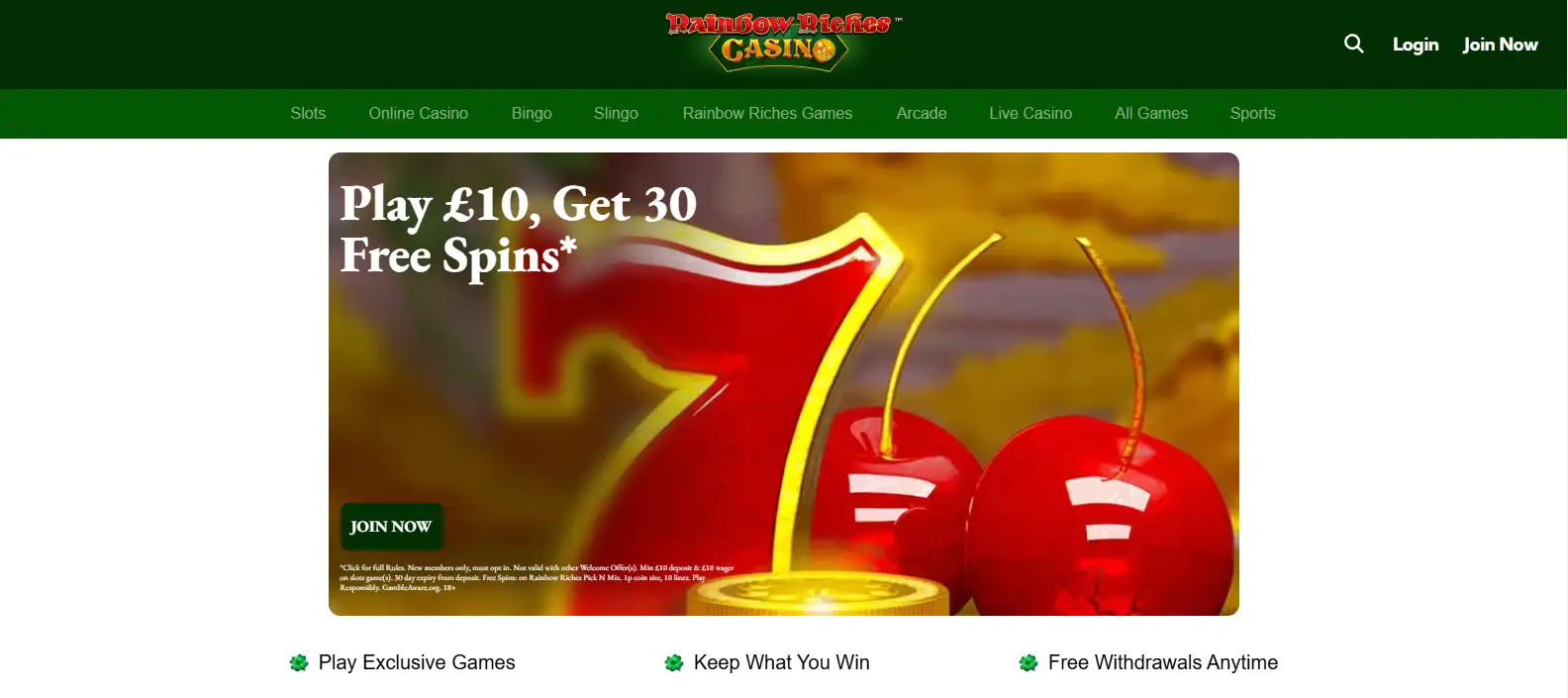 Rainbow Riches Casino UK homepage and welcome offer