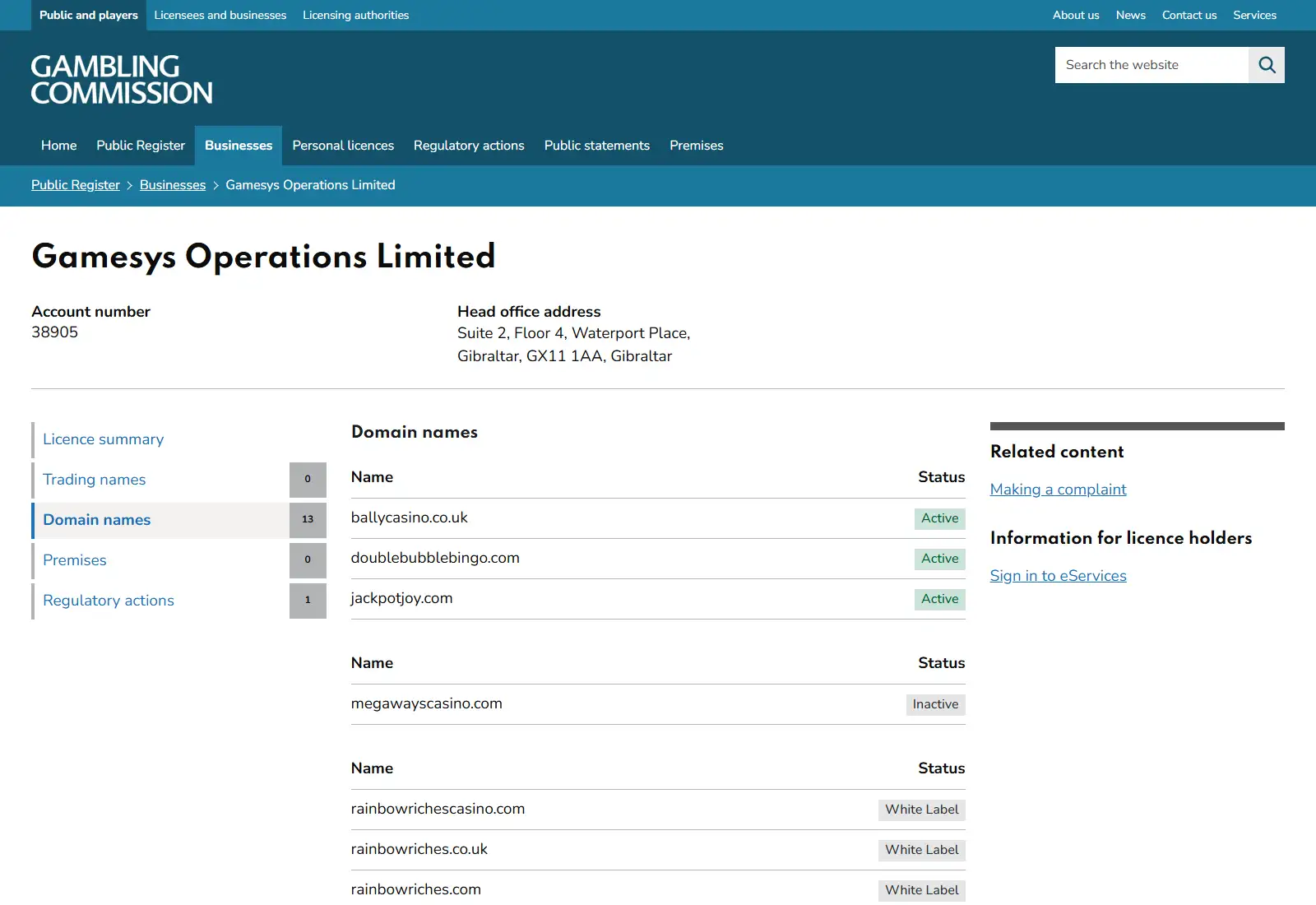 the Gambling Commission register linking Rainbow Riches Casino to Gamesys Operations Limited